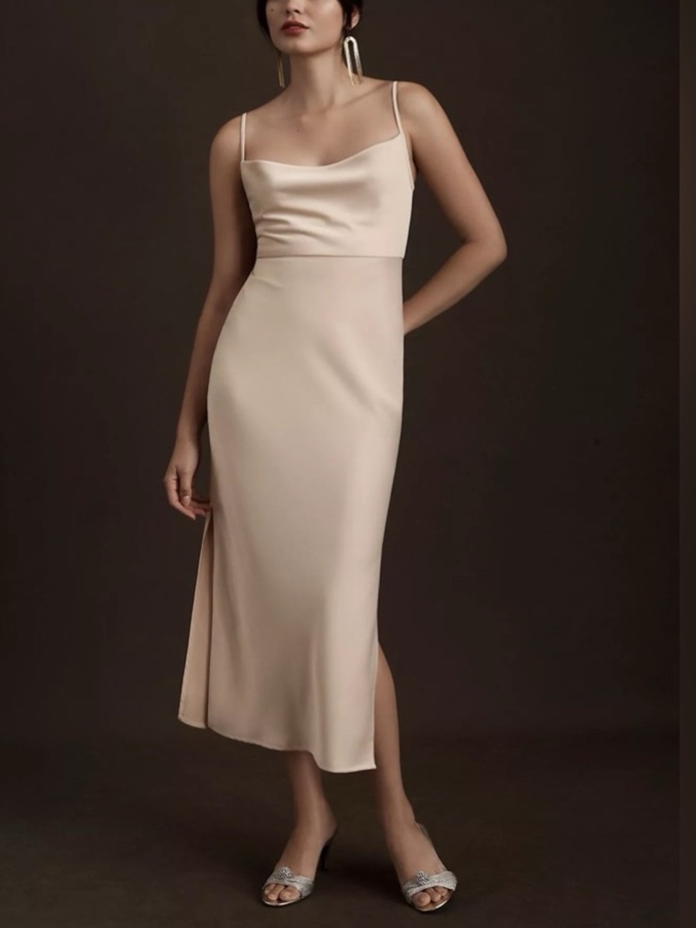 BHLDN Anthropologie Cali Satin Cowl Neck Midi Slip Dress in Oyster Beige